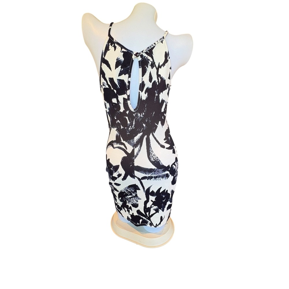 Black White Floral Bodycon Mini Dress Asymmetrical Hem Halter Size Med - Picture 2 of 9